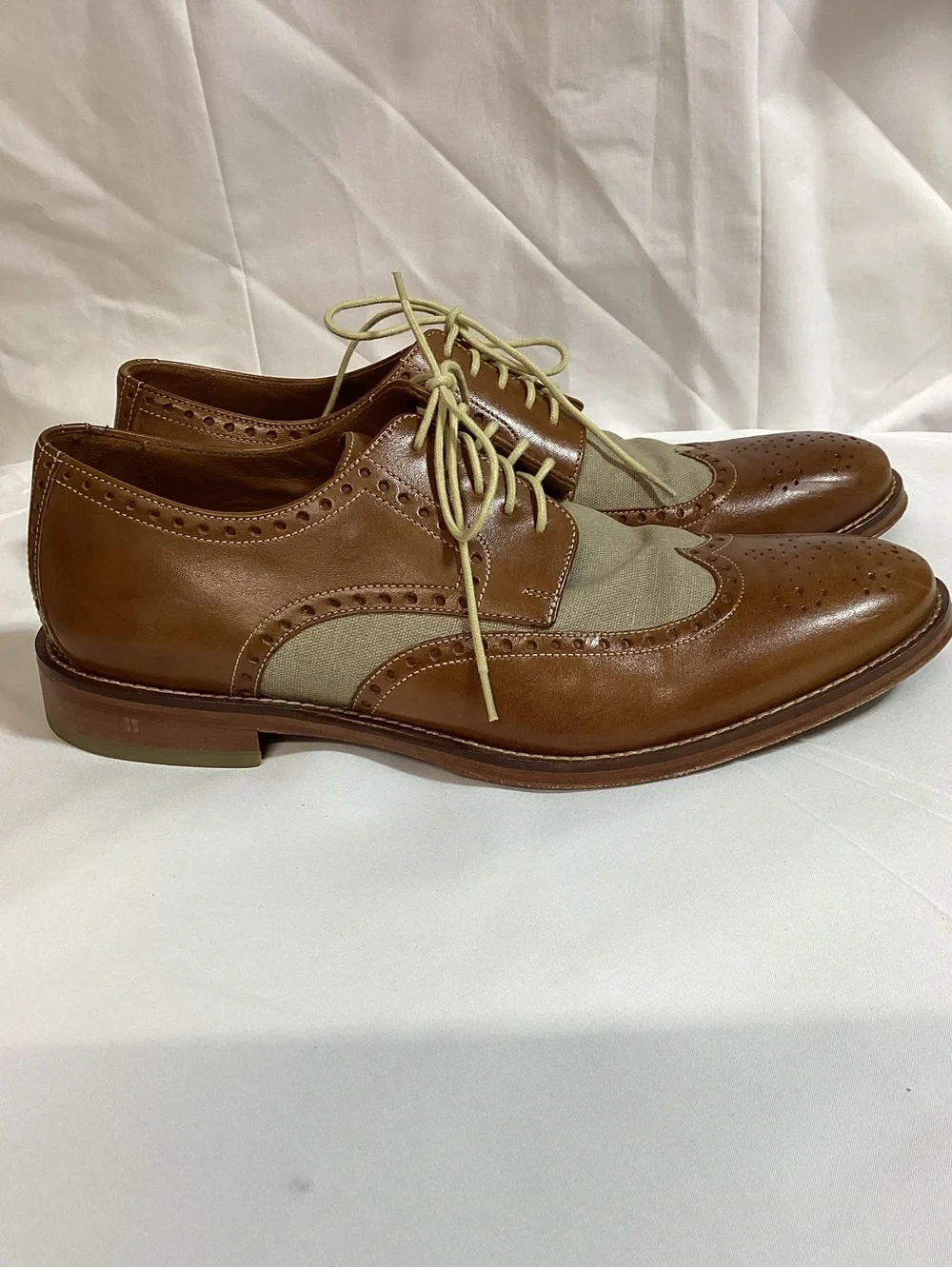 Johnston & Murphy Brown Leather and Beige Canvas Wingtip Oxfords